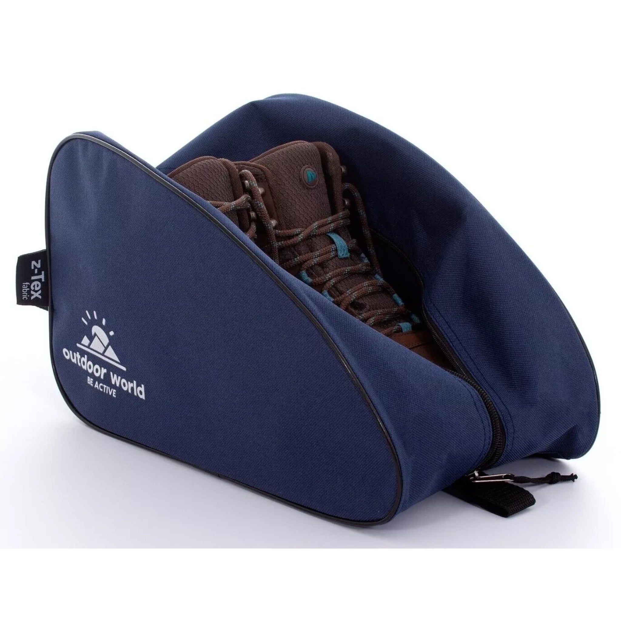Outdoor World branded waterproof boot bag in navy with 2-way zip, strong carry handle, and durable 600D fabric ā ideal for hiking, sports, and travel